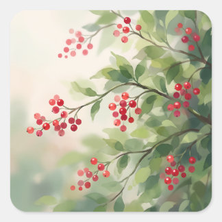 Red Berries and Green Leaves Branch スクエアシール