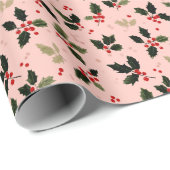 Red berries and holly on pink ラッピングペーパー (ロールコーナー)