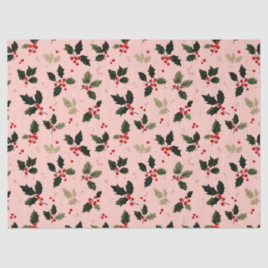 Red berries and holly on pink 薄葉紙 (正面)