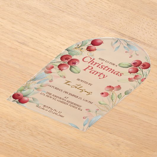 Red Berries and Pine Holiday アクリル招待状 (レイダウン)