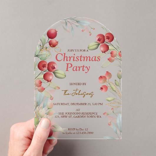 Red Berries and Pine Holiday アクリル招待状 (インサイチュ (ポータブル))