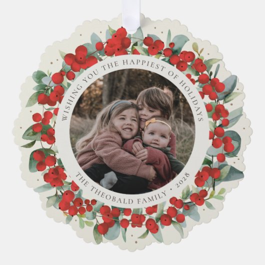 Red Berries + Eucalyptus Holiday Wreath Photo  オーナメントカード (正面)