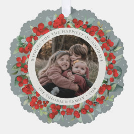 Red Berries + Eucalyptus Holiday Wreath Photo  オーナメントカード