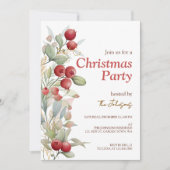 Red Berries Greenery Botanical Christmas Party 招待状 (正面)