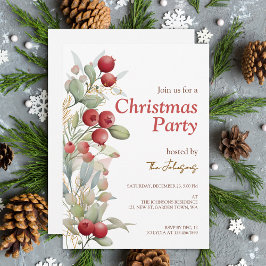 Red Berries Greenery Botanical Christmas Party 招待状