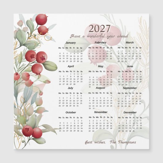 Red Berries Greenery Elegant 2027 Calendar Card (正面)