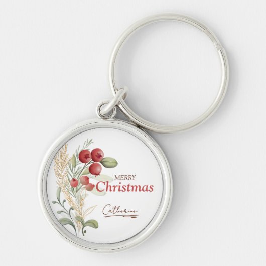 Red Berries Greenery Elegant Name Christmas キーホルダー (正面)