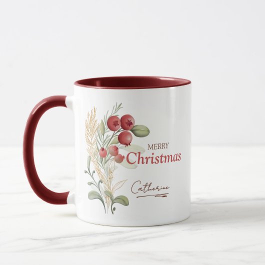 Red Berries Greenery Elegant Name Christmas マグカップ (左)