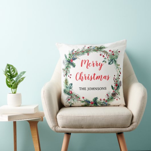 Red Berries Greenery Family Christmas Throw Pillow クッション (椅子)
