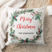 Red Berries Greenery Family Christmas Throw Pillow クッション (ブランケット)