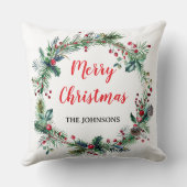 Red Berries Greenery Family Christmas Throw Pillow クッション (裏面)