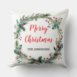 Red Berries Greenery Family Christmas Throw Pillow クッション