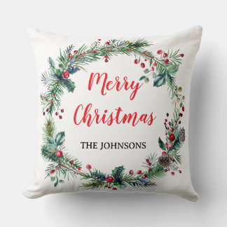 Red Berries Greenery Family Christmas Throw Pillow クッション