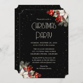 Red Berries Holly Poinsettia Stars Christmas Party 招待状 (正面/裏面)
