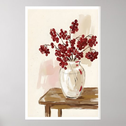Red Berries Still Life Print Painterly Branches in ポスター (正面)
