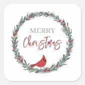 Red Berries Wreath and Red Cardinal Christmas スクエアシール (正面)