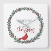 Red Berries Wreath and Red Cardinal Christmas  スクエア壁時計 (正面)