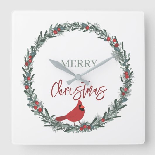 Red Berries Wreath and Red Cardinal Christmas  スクエア壁時計 (正面)