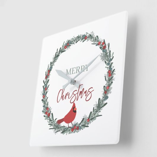 Red Berries Wreath and Red Cardinal Christmas  スクエア壁時計 (傾斜)