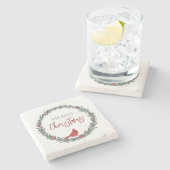 Red Berries Wreath and Red Cardinal Christmas  ストーンコースター (横)