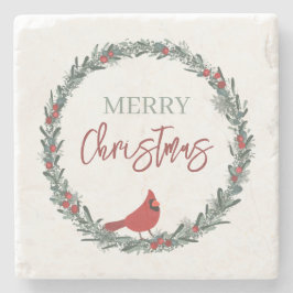 Red Berries Wreath and Red Cardinal Christmas  ストーンコースター