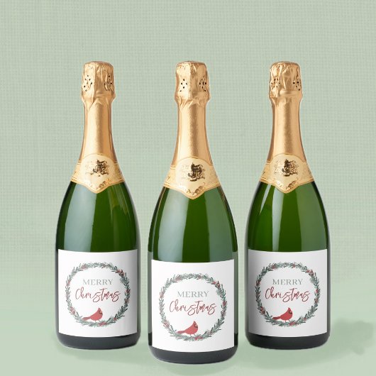 Red Berries Wreath and Red Cardinal Christmas スパークリングワインラベル