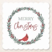Red Berries Wreath and Red Cardinal Christmas  ペーパーコースター (正面)
