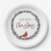 Red Berries Wreath and Red Cardinal Christmas  ペーパープレート (正面)