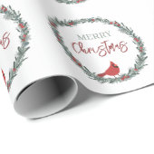 Red Berries Wreath and Red Cardinal Christmas ラッピングペーパー (ロールコーナー)