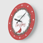 Red Berries Wreath and Red Cardinal Christmas ラージ壁時計 (傾斜)