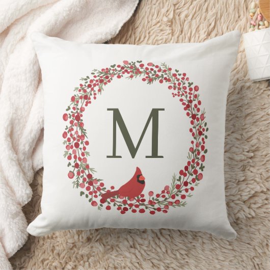 Red Berries Wreath and Red Cardinal Monogram  クッション (ブランケット)