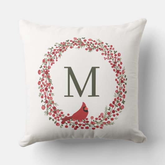 Red Berries Wreath and Red Cardinal Monogram クッション (裏面)