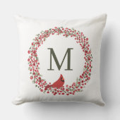 Red Berries Wreath and Red Cardinal Monogram  クッション (正面)