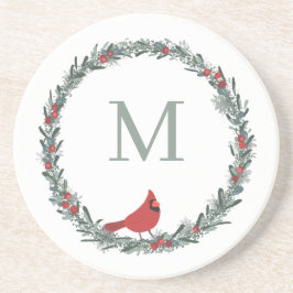 Red Berries Wreath and Red Cardinal Monogram  コースター