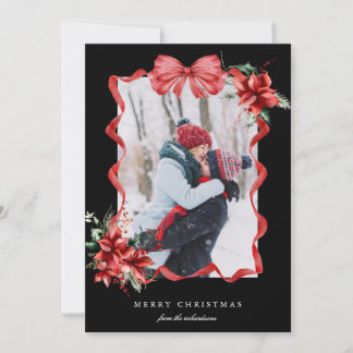 Red Berry Bow Frame Photo Christmas Holiday Card シーズンカード