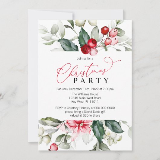 Red Berry & Greenery Christmas Party Invitation 招待状 (正面)