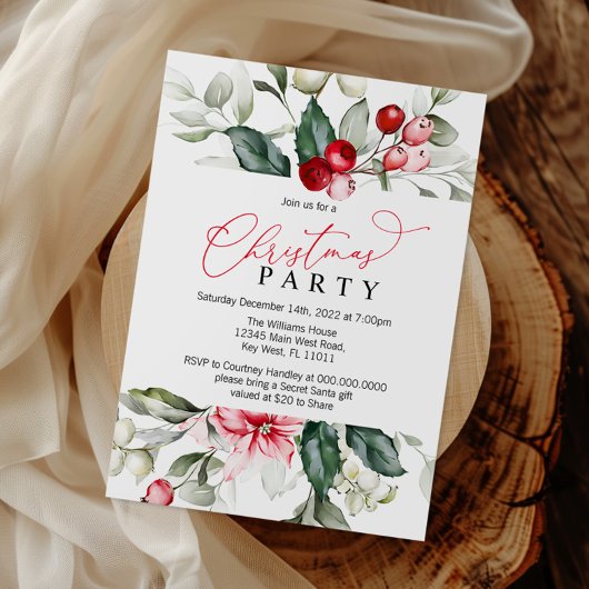 Red Berry & Greenery Christmas Party Invitation 招待状