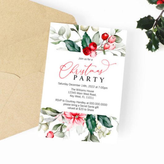 Red Berry & Greenery Christmas Party Invitation 招待状