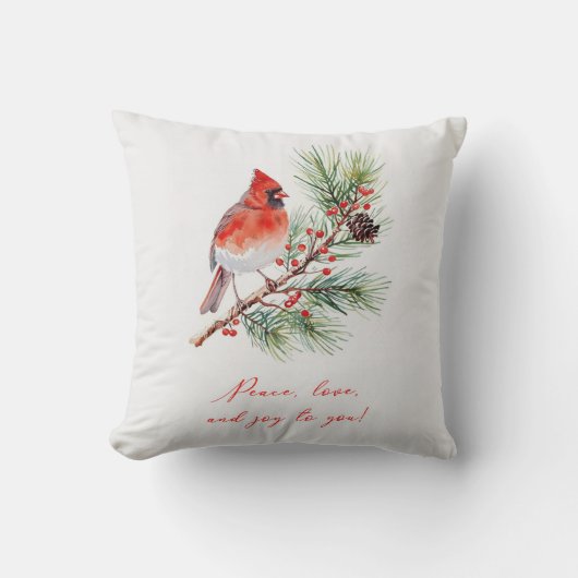 Red Bird Cardinal Christmas Throw Pillow クッション (正面)