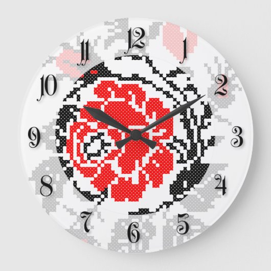 Red&Blackのばら色の交差ステッチのロシア人パターン ラージ壁時計 (正面)