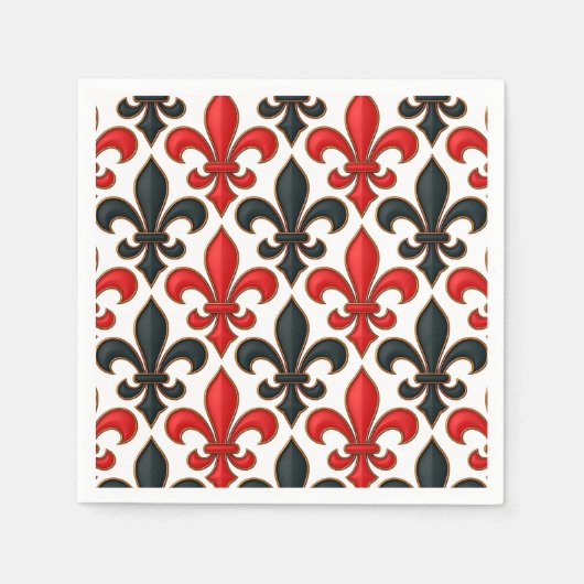 Red Black Baroque Fleur-de-lis Pattern Design スタンダードカクテルナプキン (正面)