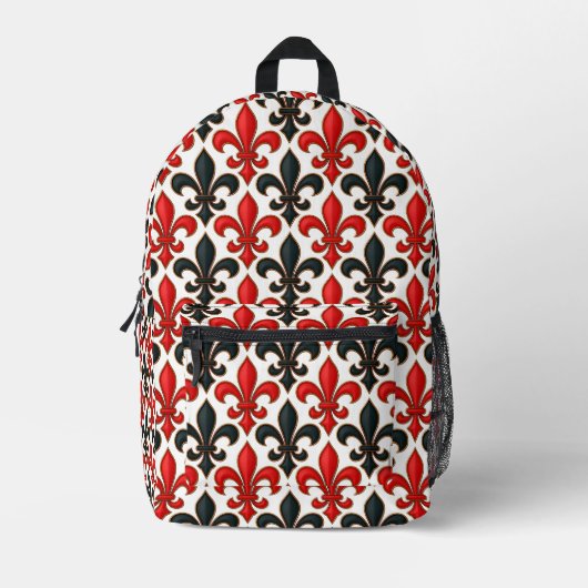 Red Black Baroque Fleur-de-lis Pattern Design  プリントバックパック (正面)