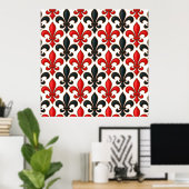 Red Black Baroque Fleur-de-lis Pattern Design  ポスター (ホームオフィス)