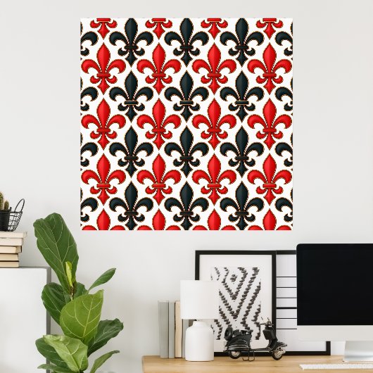 Red Black Baroque Fleur-de-lis Pattern Design ポスター (ホームオフィス)