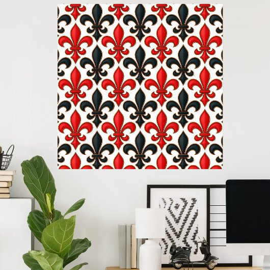 Red Black Baroque Fleur-de-lis Pattern Design  ポスター
