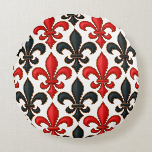 Red Black Baroque Fleur-de-lis Pattern Design  ラウンドクッション (正面)