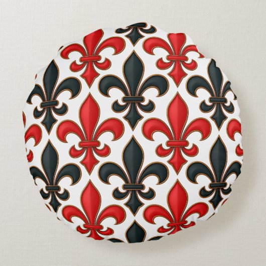 Red Black Baroque Fleur-de-lis Pattern Design  ラウンドクッション (裏面)
