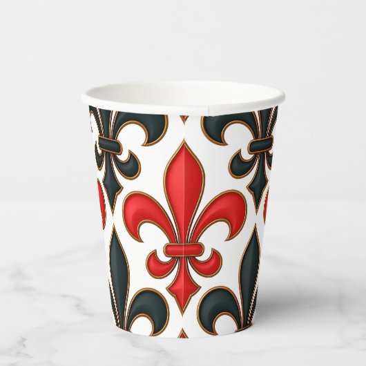 Red Black Baroque Fleur-de-lis Pattern Design 紙コップ (右)