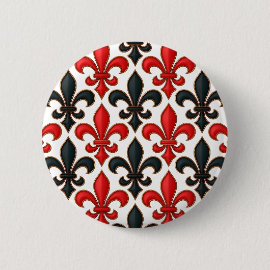 Red Black Baroque Fleur-de-lis Pattern Design  缶バッジ (正面)