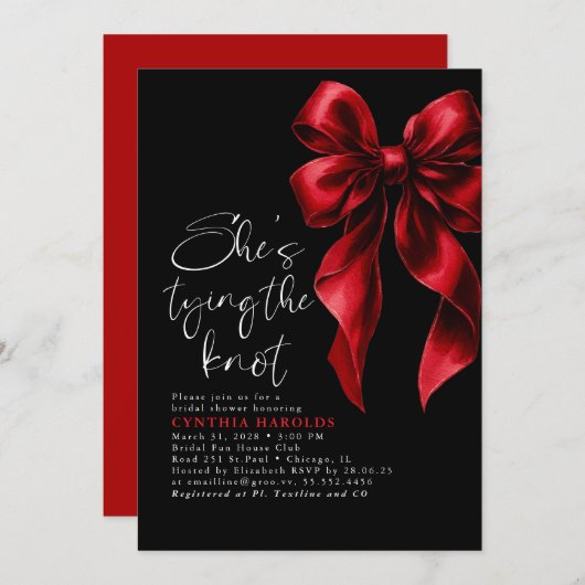 Red Black Bow She's Tying the Knot Bridal Shower 招待状 (正面/裏面)